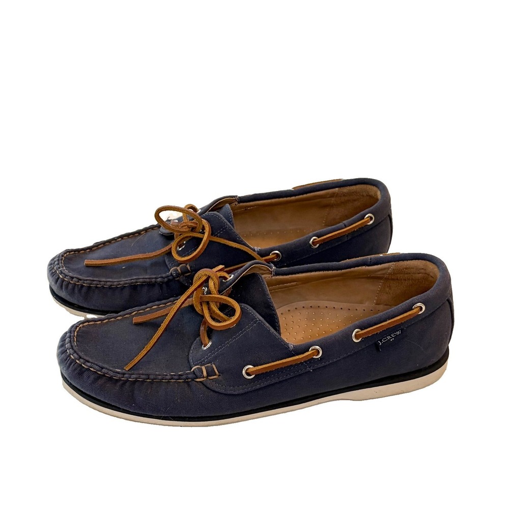 J.Crew Classic Canvas Boat Shoes 2-Eyelet‎ Mens Navy Blue Brown Size 11.5 AQ182